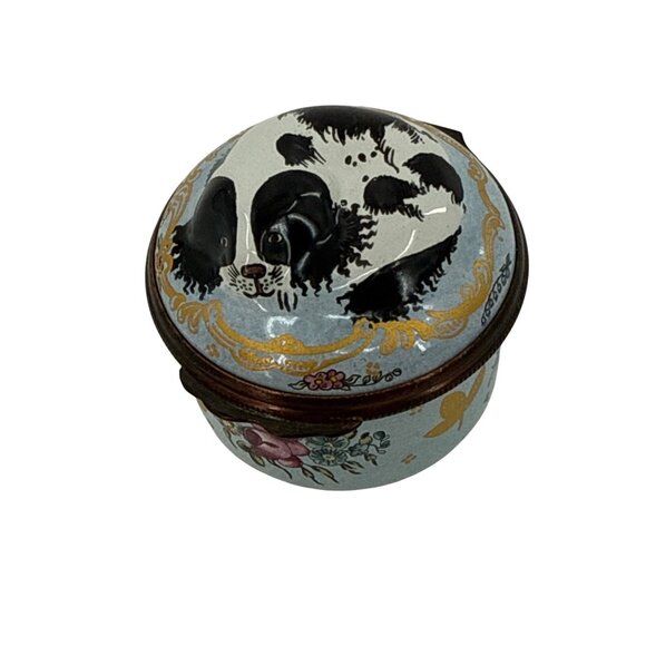 Halcyon Days Enamel Trinket Box With Black & White Dog Illustration Floral Desig
